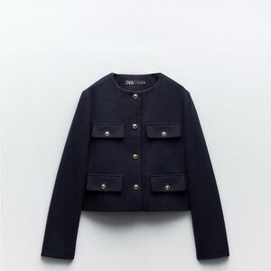 Zara Navy Cropped Flap Jacket